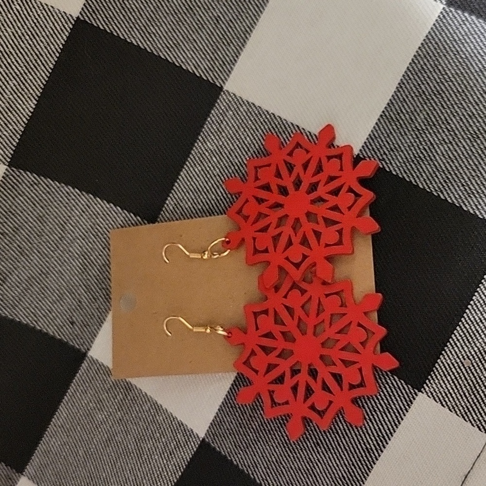 Handmade 3.25" x 2.25" red wooden cut out snowflake dangle earrings New